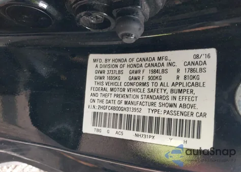2016 Honda Civic Lx z USA, uszkodzony, nr VIN 2HGFC4B00GH313952